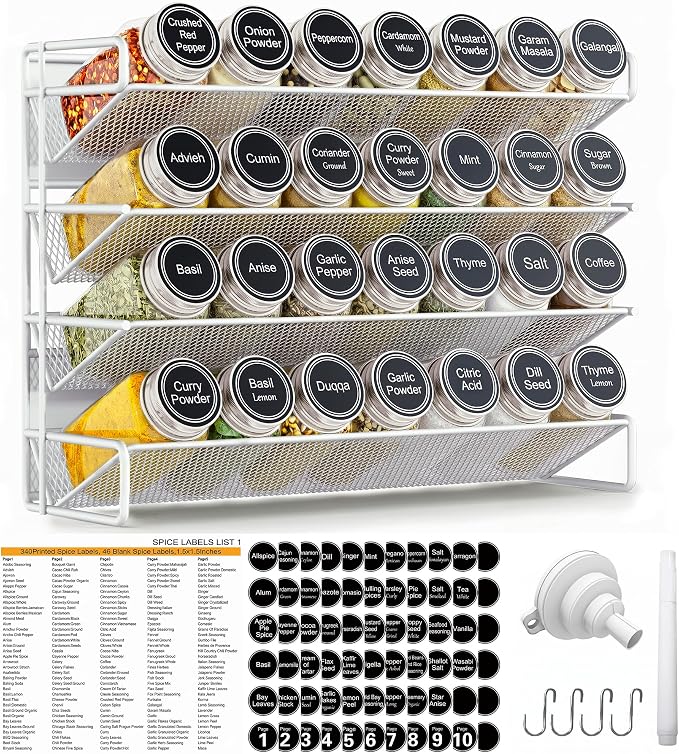 Magnetic Spice Rack Organizer for Refrigerator with 28 Spice Jars, 386 Spice Labels, 4 Hook, Chalk Marker and Funnel Set, Magnetic Shelf for Seasoning Organizer, 13.2'' W x 9.8 H, White by UVIAHOMIHOMEORGANIZER