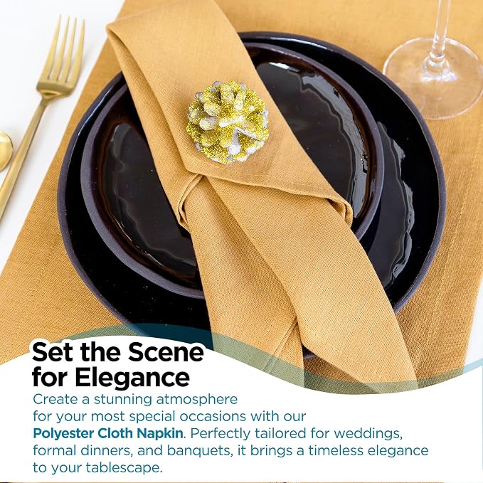 100 pcs Gold 17"x17" Polyester Cloth Napkins | Premium, soft, & durable square linen napkins, perfect for weddings, dining, restaurants, & parties. Washable. - Image 6