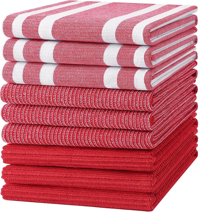 Homaxy Cotton 380 GSM Premium Kitchen Towels, 18"x 28", 9 Pack, Red | Soft and Absorbent Terry Dish Towels, Multipurpose Tea Towel Set with Hanging Loop, 3 Styles Kitchen Hand Towels by Homaxy