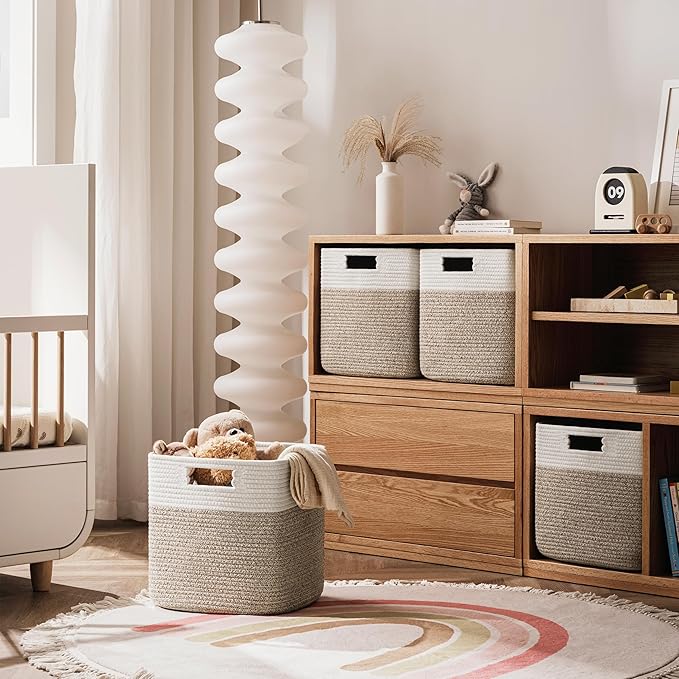 UBBCARE Set of 4 Storage Cubes-11 X 10.5 X 10.5 In, Cotton Rope Basket for Shelves, Toys, Book, Cube Storage Bin with Handles, Woven Storage Basket for Organizing, White/Brown - Image 5