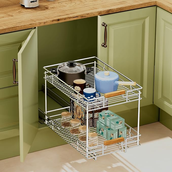 Mount Walker Pull Out Cabinet Organizer(14" W x 21" D), 2 Tier Slide Out Shelves with Wood Handle, Sliding Drawer Pull Storage Shelf for 15-1/4” Cabinet Opening, Chrome - Image 6