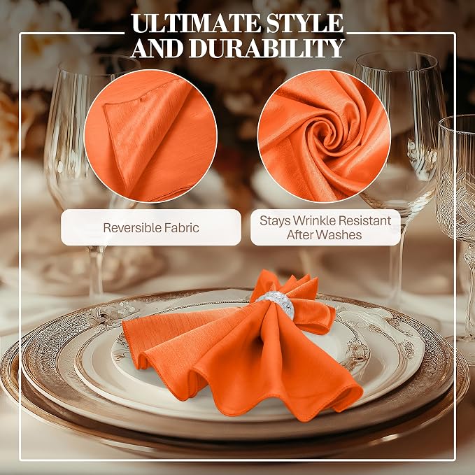17x17-Inch Shantung Satin Cloth Napkins, Orange, Set of 12 | Bulk Case of 1 Dozen, Square, 100% Polyester Fabric, Reversible, Faux Dupioni Silk Reverse Side, Machine Washable - Image 3
