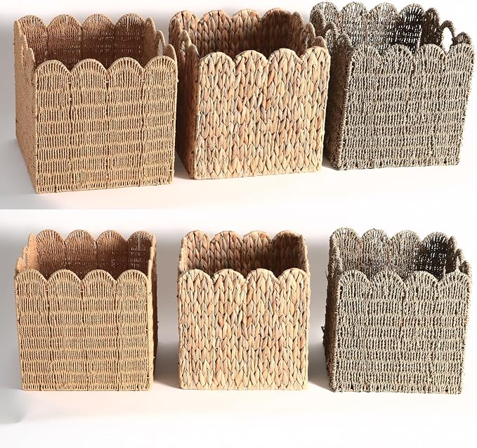 Scalloped Wicker Storage Cubes Basket, 12”x12“ Heavy Duty Paper rope/Hyacinth/Seagrass Baskets for Shelves, Foldable Natural Boho Square Bins (Paper Rope&10.5 x 10.5 x 10.5in&4-Pack) - Image 6