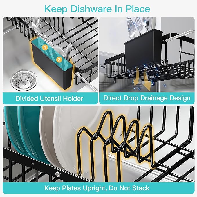 JASIWAY Black Dish Drying Rack Over the Sink with Utensil Holder | Expandable Stainless Steel Dish Driainers for Small Kitchen, Counter Space Saving, Fast Drain, Rust Resistant, For Apartment - Image 9