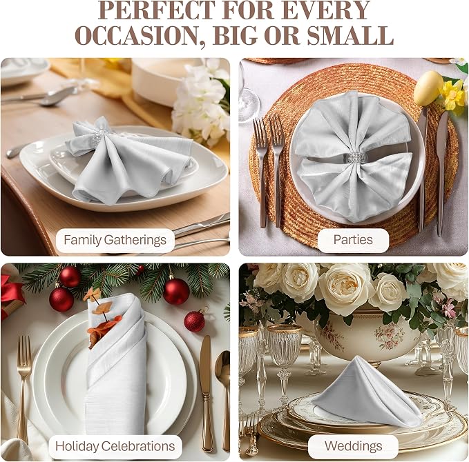 17x17-Inch Shantung Satin Cloth Napkins, Silver, Set of 60 | Bulk Case of 5 Dozen, Square, 100% Polyester Fabric, Reversible, Faux Dupioni Silk Reverse Side, Machine Washable - Image 4