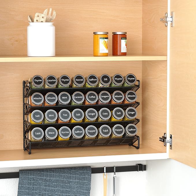 SpaceAid Spice Rack Organizer with 32 Spice Jars, 386 Spice Labels, Chalk Marker and Funnel Set for Cabinet, Countertop, Pantry, Cupboard or Door & Wall Mount - 32 Jars, 15.3" W × 10.8" H, Black - Image 2