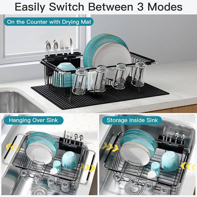 JASIWAY Black Dish Drying Rack in Sink with Mat, Cups and Utensil Holder | Use Over the Sink or Counter, Stainless Steel Expandable Dish Drainer for Small Kitchen, Space Saving, Fast Drain, Rustproof - Image 2