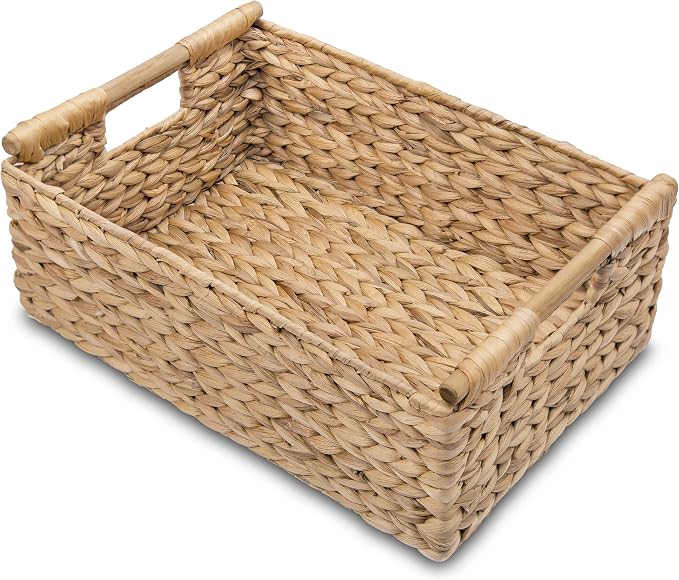 VATIMA Hyacinth Large Wicker Basket 15.5x10.8x6.2" | Rectangular, Wooden Handles, Shelf Organizer by VATIMA