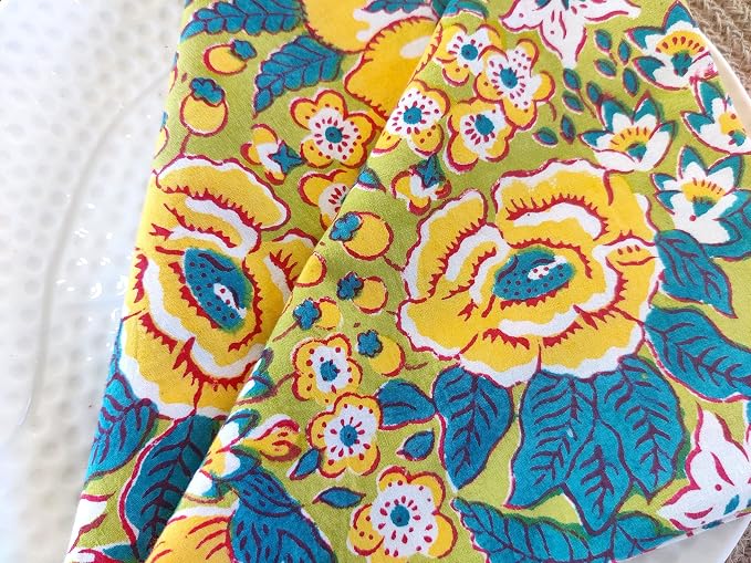Craftbot Cotton Print Dinner Napkins 18x18 inches - Washable Cloth Napkins Set of 6 - Everyday Use or Dinner Party and Events - Green Yellow Indian Block Printed Fabric - Image 3