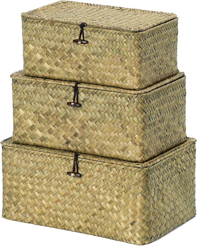 Nonam Storage Basket with Lid, Natural Seagrass Bin with Lid Set of 3, Shelf Baskets Multipurpose Container for Boho Decoration, Rectangular Storage Boxes for Home Organization- Dark Moss Green by Unknown