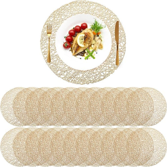 Sieral 48 Packs Gold Round Placemats 15 Inch Hollow Out Pressed Vinyl Place Mats Heat Resistant Woven Gold Placemats for Christmas Dinner Table Winter Holiday Party Wedding Centerpiece Decoration by Sieral