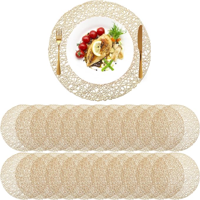 Sieral 24 Packs Gold Round Placemats 15 Inch Hollow Out Pressed Vinyl Place Mats Heat Resistant Woven Gold Placemats for Christmas Dinner Table Winter Holiday Party Wedding Centerpiece Decoration by Sieral