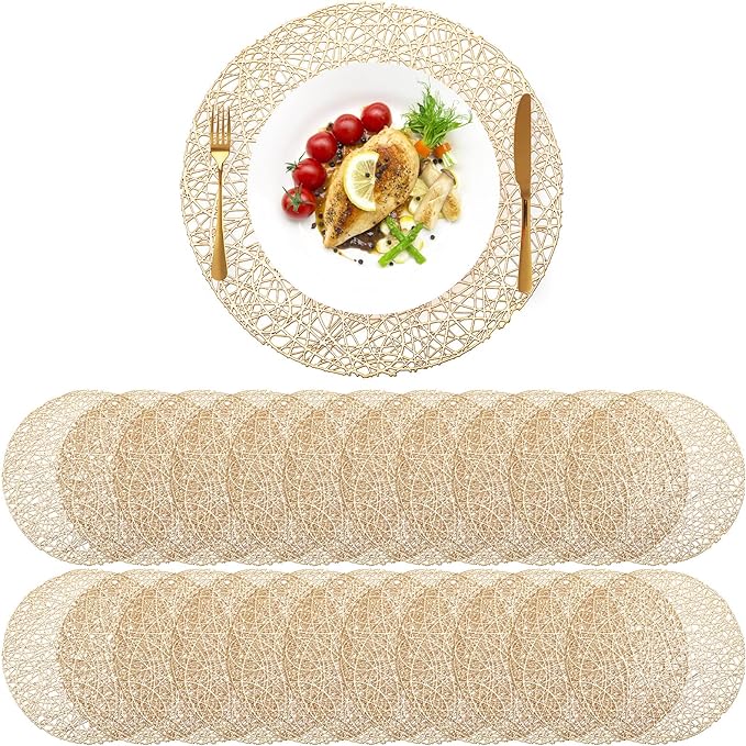 Sieral 48 Packs Gold Round Placemats 15 Inch Hollow Out Pressed Vinyl Place Mats Heat Resistant Woven Gold Placemats for Christmas Dinner Table Winter Holiday Party Wedding Centerpiece Decoration by Sieral