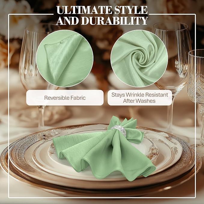 17 x 17-Inch Shantung Satin Cloth Napkins, Sage Set of 120 | Bulk Case of 10 Dozen, Square, 100% Polyester Fabric, Reversible, Faux Dupioni Silk Reverse Side, Machine Washable, Green - Image 4