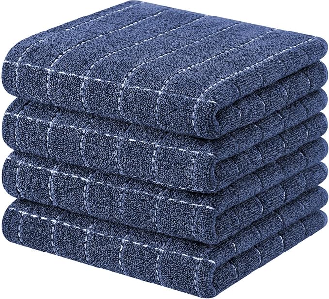 Kitinjoy 100% Cotton Terry Kitchen Towels, 13”x 28”, 4-Pack, Navy Blue | Checkered Designed, Ultra Soft Absorbent Quick Drying Dish Towels by Kitinjoy