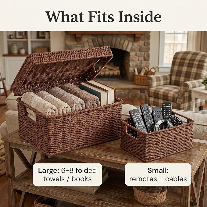 Wicker Storage Basket with Lid for Shelves, 3-Basket Set, Dark Brown | One rectangular wicker basket with lid and two open baskets for decorative shelf storage; removable lid flips into a tray. - Image 4