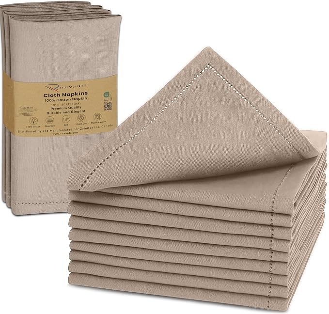 Ruvanti Cloth Napkins Set of 12, 100% Cotton High GSM 18x18 Inches, Hem Stitched Corners, Soft, Washable, Highly Durable & Absorbent, Perfect for Parties, Christmas, Thanksgiving Dinners – Light Taupe by Ruvanti