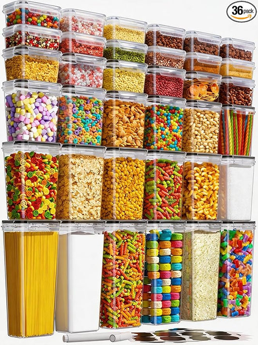KEMETHY 36 PCS Airtight Food Storage Containers with Lids, Kitchen Pantry Organization and Storage, BPA-Free Plastic Scale Food Canisters for Cereal, Flour, Sugar, Dry Food, Include Labels & Marker by KEMETHYFocusesonCreatingEfficientStorageProductswithQualityMaterials