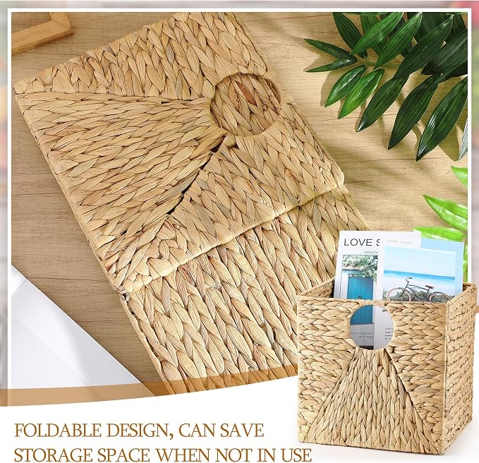Jinei 6 Pcs Water Hyacinth Storage Baskets 12"x12"x12" Wood Color | Handwoven Wicker Bins with Handles, Wicker Cube Baskets Bulk for Shelves Organizer Laundry, Closet Bedroom - Image 5