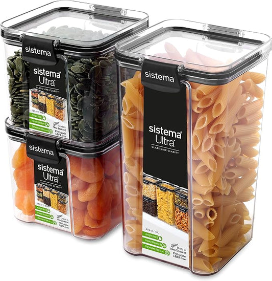 Sistema Tritan Ultra Airtight Pantry & Kitchen Storage Containers, 3-Pack, Clear Stackable Square Food Storage, BPA-Free, Dishwasher & Freezer-Safe (Microwave-Safe Without Lid) by Sistema