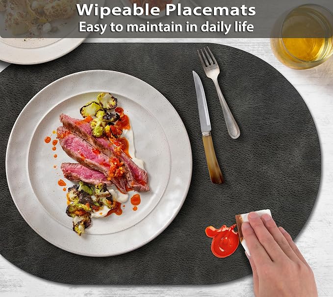 ADRIMER Placemats, Heat Resistant Oval Placemats Set of 4 Washable 12 x 17 Inch, Waterproof Table Mats, Wipeable Pu Place Mats for Kitchen, Dark Grey - Image 3