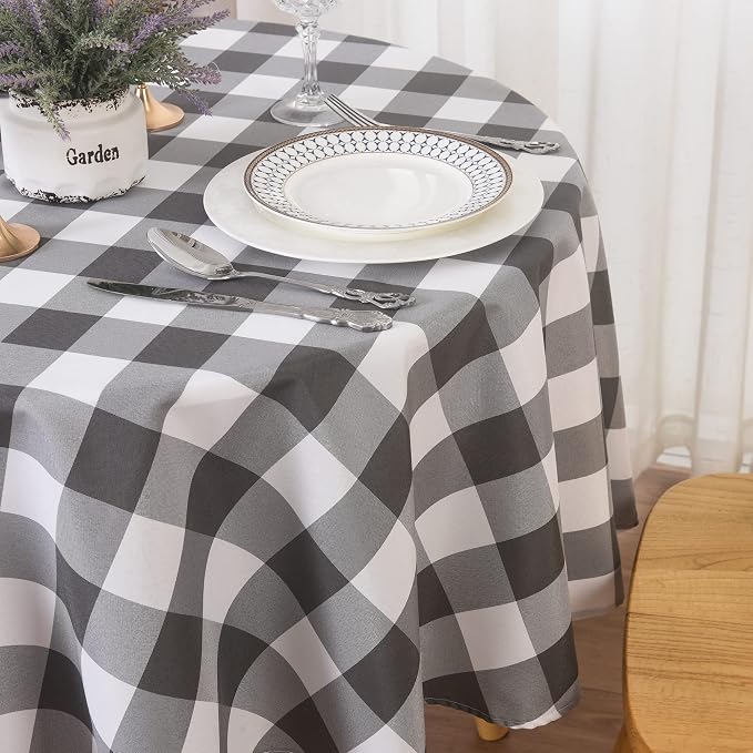 Cupuamon 2 Pack Waterproof Polyester Fabic Round Checkered Tablecloth，60 Outdoor Table Cloth，Oil Stain Prevention Table Cloth for Pinics and Parties（Gary and White） - Image 8