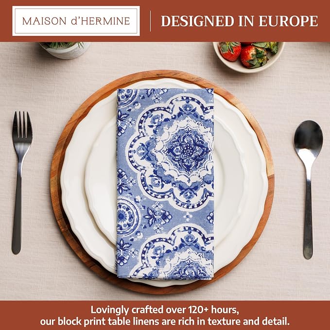 Maison d' Hermine Cloth Napkins Set of 4 Reusable 100% Cotton (20" x 20") | Everyday Square Napkins Cloth Washable Dinner Party Wedding Restaurant Hotel Kitchen Spring Summer - Melodie Bleue - Image 2