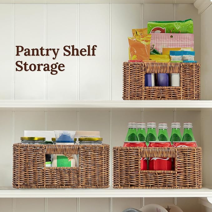 WeeNest Baskets for Storage, Wicker Basket, Rectangular, Set of 3, Toffee | Baskets for Organizing, Pantry Basket, Undershelf Wicker Storage, Storage Baskets for Closet, Baskets for Shelves - Image 4