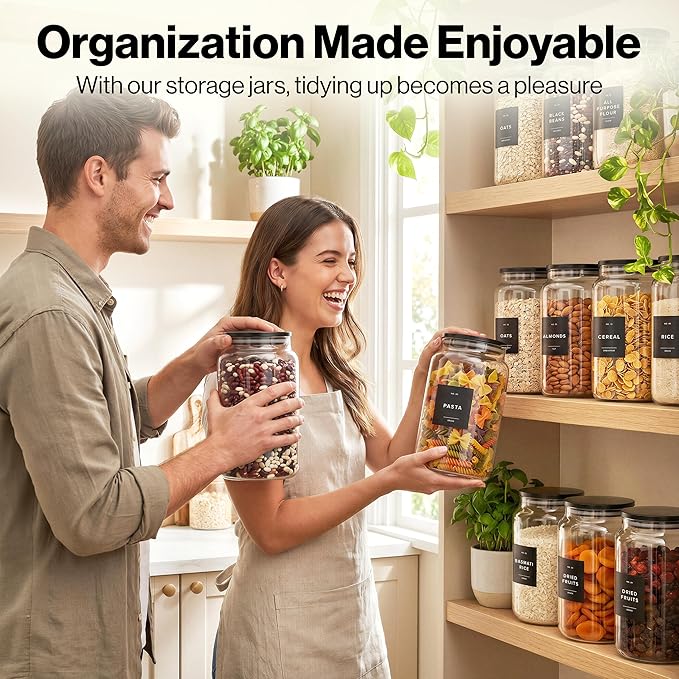 2x Large Glass Storage Containers with Airtight Black Lids [135oz/4000ml] | Extra Thick Glass Canisters for Pantry + 63 Labels | Flour Rice Cereal Sugar Coffee Beans Tea - Image 5