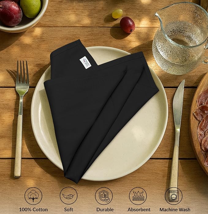 Ruvanti Cloth Napkins Set of 12, 100% Cotton High GSM 18x18 Inches Soft, Washable, Highly Durable & Absorbent, Perfect for Parties, Christmas, Thanksgiving Dinners – Black Beauty - Image 2