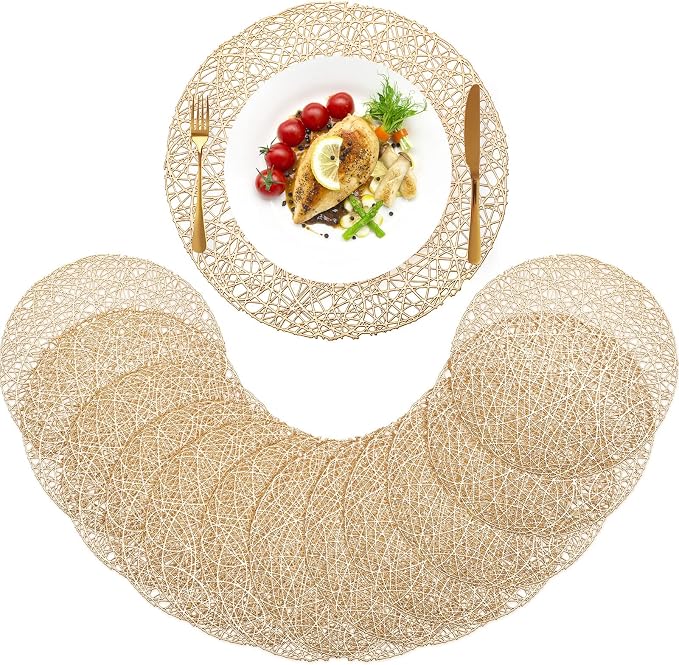 Sieral 12 Packs Gold Round Placemats 15 Inch Hollow Out Pressed Vinyl Place Mats Heat Resistant Woven Gold Placemats for Christmas Dinner Table Winter Holiday Party Wedding Centerpiece Decoration - Image 8