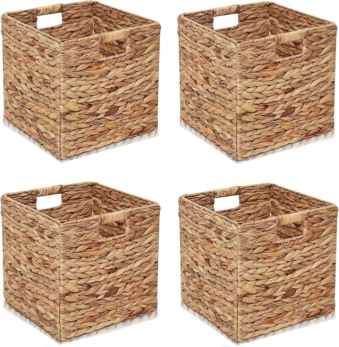 11x11in Storage Baskets 4 Pcs Water Hyacinth Baskets,Foldable Handwoven Storage Cubes by JCLDYO9