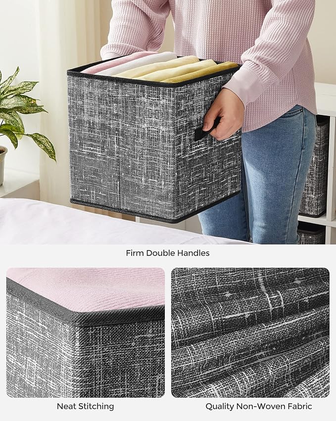 SONGMICS Storage Cubes, 11-Inch Non-Woven Fabric Bins with Double Handles, Set of 6, Closet Organizers for Shelves, Foldable, for Clothes, Classic Black UROB026B01 - Image 5