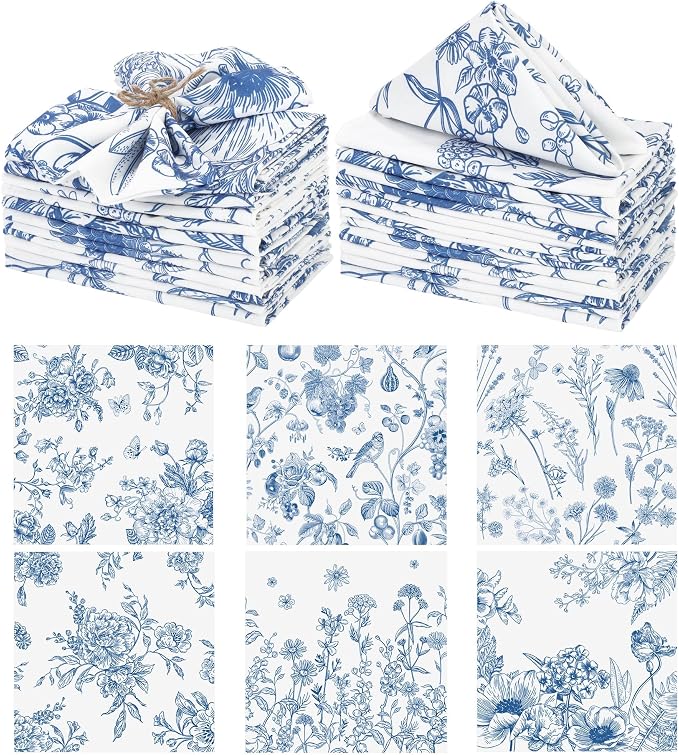 Kochorie 24 Pieces Blue Floral Cloth Napkins, 18 x 18 Inch Reusable Soft Fabric Napkins, Washable Flower Dinner Cocktail Napkin for Spring Summer Tea Party Holiday Home Kitchen Wedding Restaurant by Kochorie