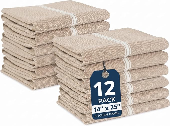 LANE LINEN Kitchen Towels Set - 100% Pure Cotton Dish Towels for Kitchen, Super Absorbent Kitchen Hand Towel, Tea Towels, Soft & Durable Dish Cloths, Pack of 12 – 14”x25”, Beige by LaneLinen