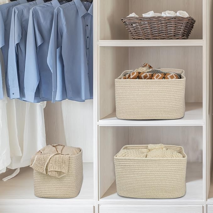 XUANGUO Woven Cotton Rope Storage Baskets 15x10x9.3" 3 Pack Oatmeal | Decorative rectangular storage baskets for shelves and closets; storage bins organize clothes, toys, books and nursery items - Image 4