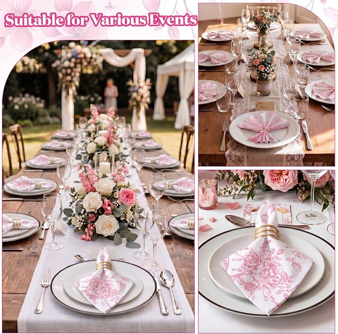 24 Pcs Floral Cloth Napkins 6 Patterns Washable Dinner Tea Party Napkins Reusable Plant Flowers Square Napkin Cotton Towel Decorative for Summer Wildflower Party(Pink Floral) - Image 5