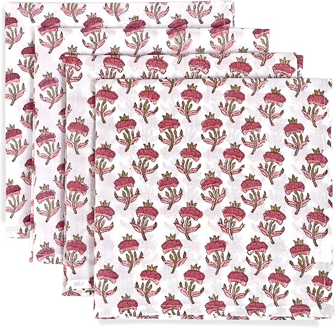 Rosewood Pink Meadow Hand Block Print 100% Cotton Napkins 18" x 18" (Set of 4) Reuseable Kitchen Napkins Cloth Decor Dinner Party Cocktail Gift for Spring, Easter, Summer by Ridhi