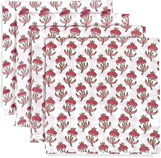 Rosewood Pink Meadow Hand Block Print 100% Cotton Napkins 18" x 18" (Set of 4) Reuseable Kitchen Napkins Cloth Decor Dinner Party Cocktail Gift for Spring, Easter, Summer by Ridhi