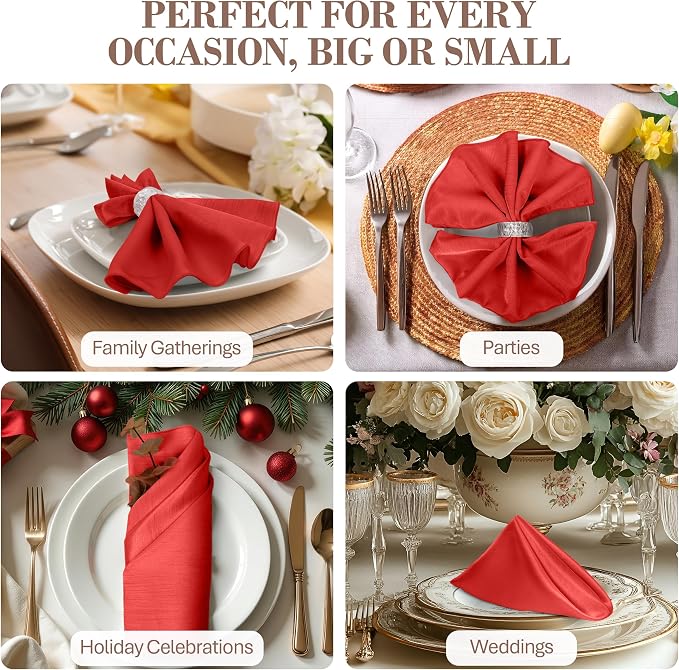 17x17-Inch Shantung Cloth Napkins, Holiday Red, Set of 60 | Bulk Case of 5 Dozen, Satin, Square, 100% Polyester Fabric, Reversible, Faux Dupioni Silk Reverse Side, Machine Washable - Image 4
