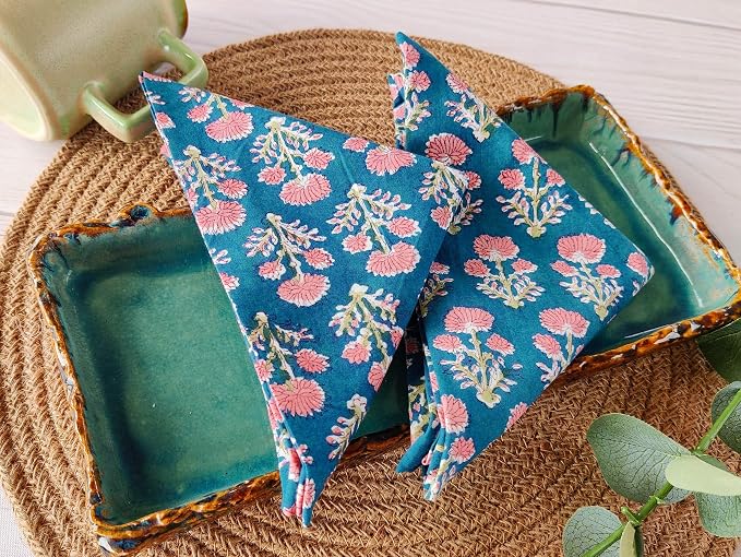 Cotton Print Napkins 18x18 inches - Washable Cloth Dinner Napkins Set of 6 - Everyday Use or Dinner Party & Events - Teal Blue Indian Block Printed Soft Fabric By Craftbot - Image 3