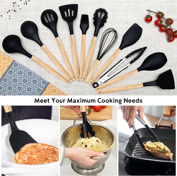 19 PCS Black Kitchen Cooking Utensils Set Kitchen Tools Set | 6 Stainless Steel Knives, 11 Silicone Utensils with 1 Cutting Board, Ideal for Apartment - Image 3
