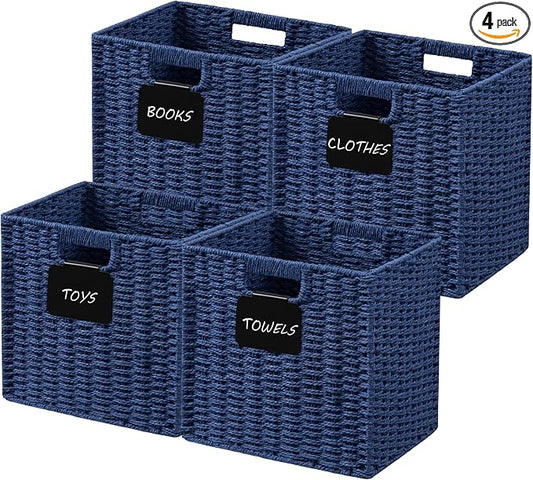 UBBCARE 4 Pack Wicker Basket, 10.5×10.5 Storage Cubes with Label, Foldable Cube Storage Bin with Handle, Square Storage Basket for Shelves, Woven Paper Rope Basket for Organizing, Blue by UBBCARE
