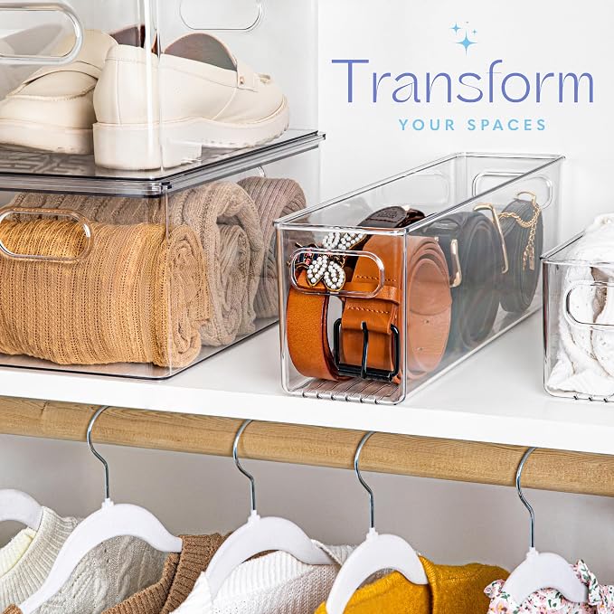Plastic Food Storage 6 Pack Clear Container Bin with Handles for Organizing Kitchen, Pantry, Refrigerator, Freezer, Pantry, Cabinet, Closet, Bathroom. 14”x4”x5” - Image 2
