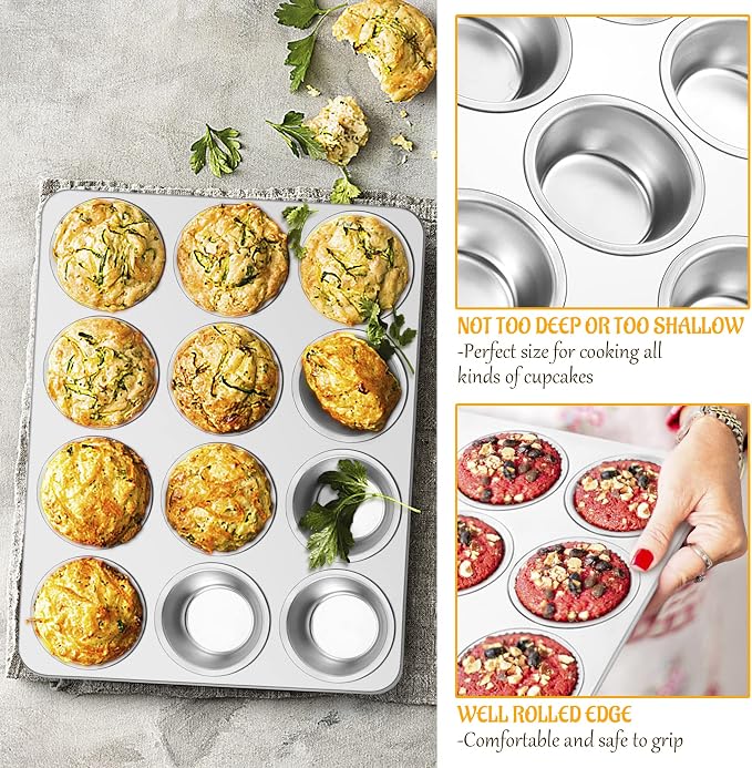 E-far Muffin Pan 12-Cup, Stainless Steel Cupcake Pan for Oven | Non-Toxic Metal Muffin Tins for Baking Muffins & Cupcakes, Regular Size & Easy Clean, Dishwasher Safe - Image 4
