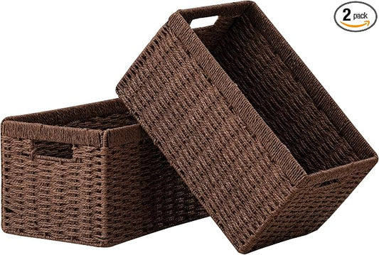 UBBCARE 2 Pack Wicker Basket, 13.4L×8.3H×7.1W inch Woven Paper Rope Storage Baskets for Shelves, Foldable Rectangular Storage Baskets with Handle, Storage Basket for Organizing, Dark Brown by UBBCARE