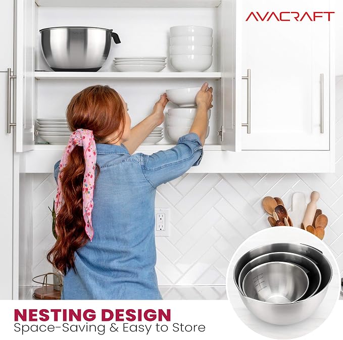 AVACRAFT 18/10 Stainless Steel Mixing Bowl Set with Lids, Black | Non-Slip Silicone Base, Ergonomic Handles, Pour Spouts, Interior Measurement Marks, Nesting Design, Dishwasher Safe - Image 3