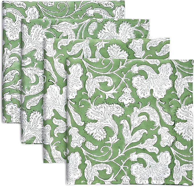 Sage Green Hand Block Print 100% Cotton Napkins 18" x 18" (Set of 4) Reuseable Kitchen Napkins Cloth Decor Dinner Party Wedding Cocktail Gift for Spring, Easter, Summer by Ridhi