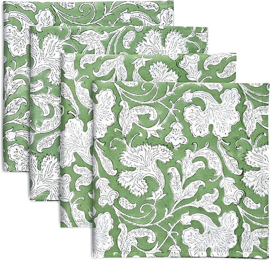 Sage Green Hand Block Print 100% Cotton Napkins 18" x 18" (Set of 4) Reuseable Kitchen Napkins Cloth Decor Dinner Party Wedding Cocktail Gift for Spring, Easter, Summer by Ridhi