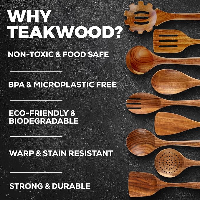 Zulay Kitchen 30-Piece Teak Wooden Utensils - Natural Teak Cooking Utensils with Premium Gift Box - Non-Stick Wooden Spoons - Kitchen Gift Set - Comfortable Grip - Image 4